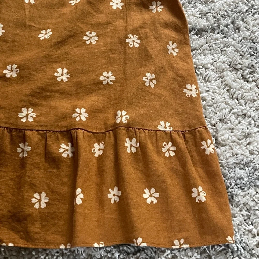 Floral Linen Blend Sleeveless Ruffle Mini Dress Tobacco Brown‎ Women Small